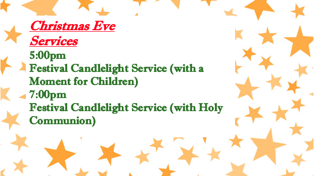 Merry Christmas! You are welcome to attend services on Christmas Eve at 5:00pm and 7:00pm